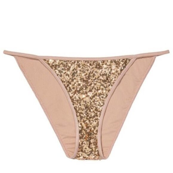 VICTORIA'S SECRET SWIM Sequin Cheeky String Bikini Bottom Gold 🤎👙😍 - Picture 1 of 3